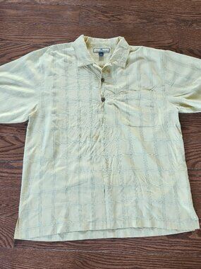 Tommy Bahama Mens Yellow 100% Silk Short Sleeve Button Up Plaid Shirt Size L